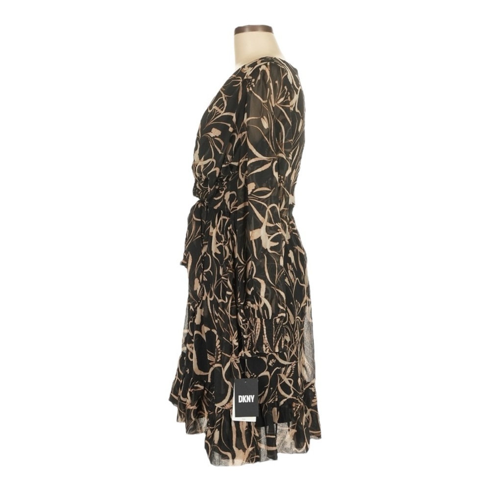 DKNY Printed Chiffon Long Sleeve A-Line Dress Black Beige Floral NWT 4 MSRP $139 - Picture 2 of 9